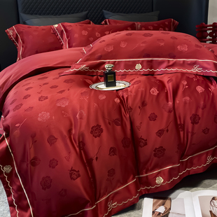 高档中式婚庆四件套，大红色床单被套纯棉陪嫁结婚床上用品婚房喜欢