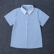 夏季童装校服短袖衬衫浅蓝白领男童女童牛津纺上衣中大童学生衬衣