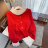 红色毛衣女款2024冬季洋气时尚钉珠蕾丝拼接秋冬针织开衫