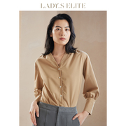ladyselite慕裁驼色灯笼袖衬衫，2023v领气质通勤法式上衣女