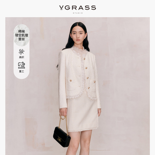 vgrass时髦白色棉小香风短外套，女春季重工精编镂空蕾丝肌理
