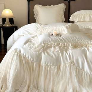 Gentle法式浪漫床上四件套140支长绒棉雪纺蕾丝刺绣纯棉全棉床单