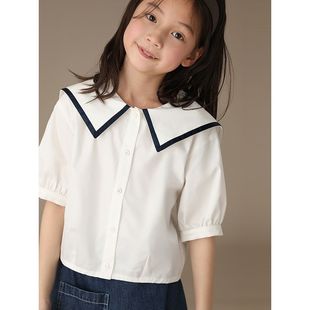 童装夏季女童海军领白色纯棉短袖开扣衬衫学院风衬衣气质