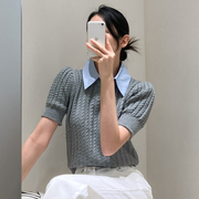 韩国chic夏季复古小众翻领，麻花纹假两件设计宽松百搭泡泡袖针织衫