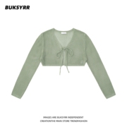 buksyrr绿色镂空针织开衫，女2023辣妹，短款外搭罩衫绑带防晒衫