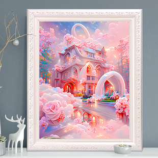 唯美粉色玫瑰城堡风景，钻石画2024小幅贴钻十字绣客厅卧室满钻
