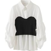  衬衫女设计感复古港味黑白色拼接衬衣上衣