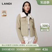 LANDI蓝地莫兰迪绿冬季羊羔毛领短款毛呢外套女羊毛夹克短款