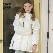 cococasa2024设计感春新小个子，工装白色风衣女，中短款绿色欧货外套