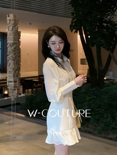 cleanfit原创wcouture法式简洁双层雪纺，拼接修身衬衫连衣短裙