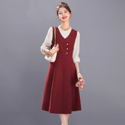 红色假两件连衣裙女长袖2024春显瘦小个子，法式气质精致裙子