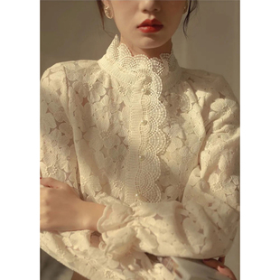 宫廷风法式蕾丝衬衫女秋冬季设计感立领，衬衣内搭加绒加厚打底上衣