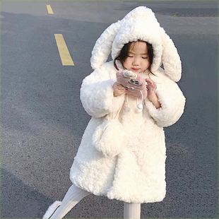 男女童加绒连帽仿皮草，毛毛衣(毛毛衣)外套冬季白色羊羔毛夹棉加厚棉衣