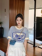 韩国博主女同款宽松蓝色镂空针织衫短袖上衣T恤夏季.