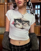 Minga23春季复古可爱少女小猫咪图案圆领修身短款T恤短袖上衣