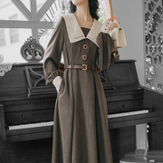 pasinoe香港法式复古长袖，连衣裙收腰裙子，气质女神范衬衫裙女