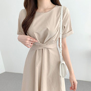 韩国chic夏季简约气质圆领扭结系带收腰显瘦A字型短袖连衣裙长裙