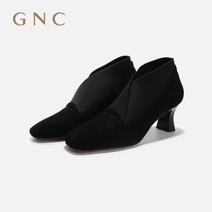 gnc方头时尚松紧带，短靴女秋季软皮法式复古女靴，粗跟裸靴