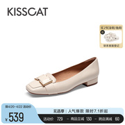 KISSCAT接吻猫2024春季复古低跟小皮鞋经典款真皮浅口单鞋女