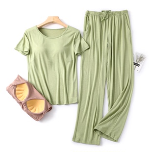 夏季免文胸睡衣女短袖长裤莫代尔，简约日系纯色，圆领运动家居套装薄