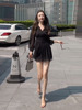 法式黑色网纱雪纺长袖连衣裙2023夏季高级感气质收腰显瘦短裙