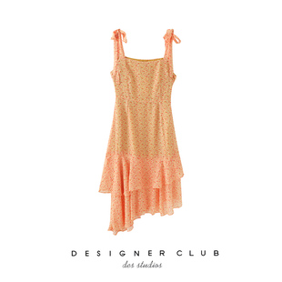 mmc 甜美风吊带裙设计感小众外穿波点性感橘色雪纺裙无袖长裙