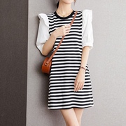 韩版黑白色条纹连衣裙女2023夏季设计感洋气拼接荷叶花边短裙
