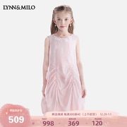 lynnmilo琳麦罗女童连衣裙无袖，2023夏季甜美粉色天丝花苞背心裙