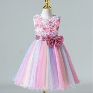 六一节女童演出服花朵网纱礼服裙，彩虹色花童，表演裙子无袖连衣裙