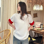 国潮中国风新中式t恤女宽松大版小个子，袖口拼接撞色短袖上衣女