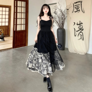 黑色碎花无袖吊带连衣裙子女夏季2023法式新中式小黑裙长短裙