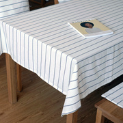日式清新简约蓝灰白格子条纹纯棉布艺餐桌布台布盖布茶几布料定制