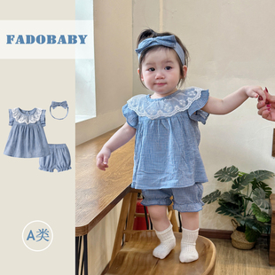 女童夏装韩版婴幼儿蕾丝边格子，无袖娃娃衫南瓜裤洋气套装公主衣服