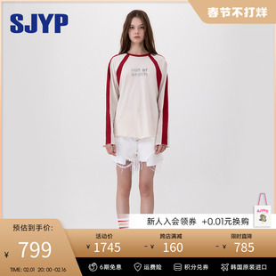 sjyp韩国小众设计潮牌复古撞色百搭字母印花长袖，卫衣薄款女t恤女