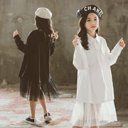 韩版儿童装女童中长款衬衫裙中大童黑白长袖翻领白衬衣时尚春秋装