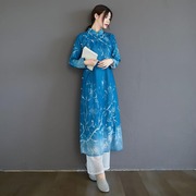 中式改良版印花旗袍长衫茶服女春夏季民族风复古丝麻长袖连衣裙