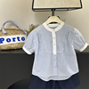 童装女童蓝色条纹短袖衬衫2024夏装亲子儿童法式文艺圆领衬衣