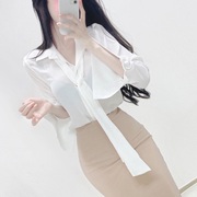 韩国东大门春季气质女人味温柔飘带半开领微透长袖衬衫女上衣