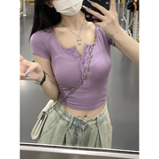 少女感淡紫色百搭韩版方领纽扣，短袖t恤夏季修身显瘦短款上衣