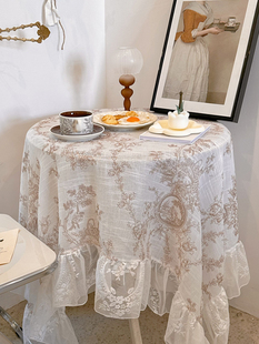 法式复古摩卡色蕾丝花边，粗十字麻仙女，风桌布欧式茶几布床头柜盖巾