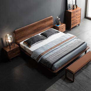 现代简约实木床1.8米1.5m黑胡桃双人北欧床轻奢原木卧室家具大床