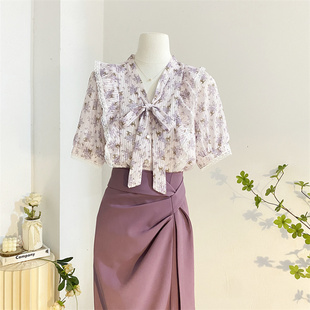 蝴蝶结紫色碎花衬衫女夏设计感减龄，气质荷叶边雪纺衫短袖小衫上衣