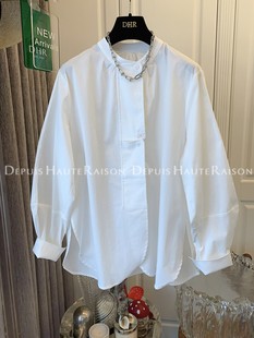 DHR 高级气质圆领拼接白色衬衫上衣女宽松休闲设计感小众春装