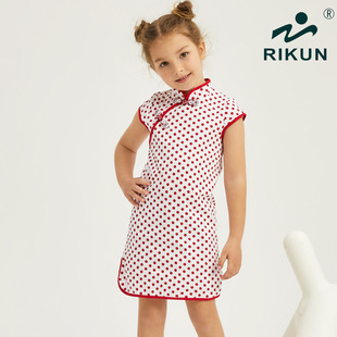 女童夏装中国风连衣裙中式非遗盘扣改良红色波点女童旗袍裙
