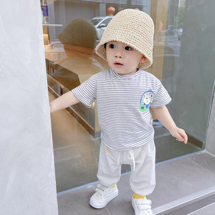 儿童夏季短袖男宝宝条纹，宽松版t桖女童纯棉卡通韩版薄款半袖上衣