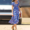 凯特王妃度假风沙滩裙，蓝色印花方领灯笼，袖木耳大摆长裙连衣裙2024
