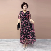 时尚大码连衣裙夏季台湾纱长裙40-50岁气质妈妈弹力跳舞花裙