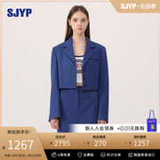 sjyp韩国小众设计翻领，单排扣羊毛短款藏蓝色西装高级感上衣外套女