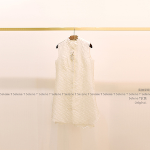 23春夏 新中式白色丝质无袖连衣裙 珠花马甲两件套纯色立领单排扣