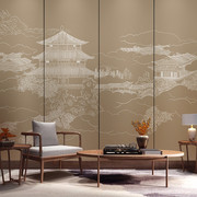 现代新中式山水楼阁雅致意境风客厅沙发背景墙纸茶室书房电视壁画